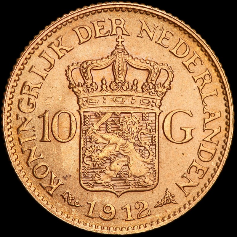 Золотая монета 10 гульденов 1912 Нидерланды