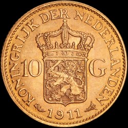 Золотая монета 10 гульденов 1911 Нидерланды