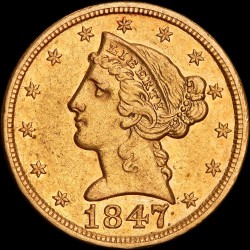 Золота монета Американський Орел 5 доларів 1847 США