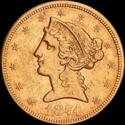 Золота монета Американський Орел 5 доларів 1874 США "S"