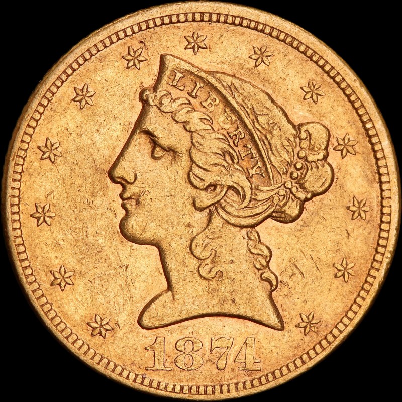 Gold coin American Eagle 5 dollars 1874 USA "S"