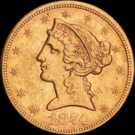 Gold coin American Eagle 5 dollars 1874 USA "S"