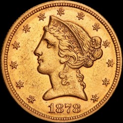 Золотая монета Американский Орел 5 долларов 1878 США "S"