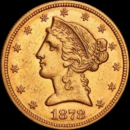 Золотая монета Американский Орел 5 долларов 1878 США "S"