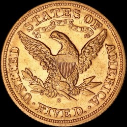 Золотая монета Американский Орел 5 долларов 1878 США "S"
