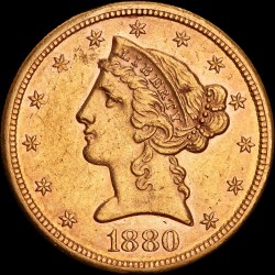 Золота монета Американський Орел 5 доларів 1880 США "S"