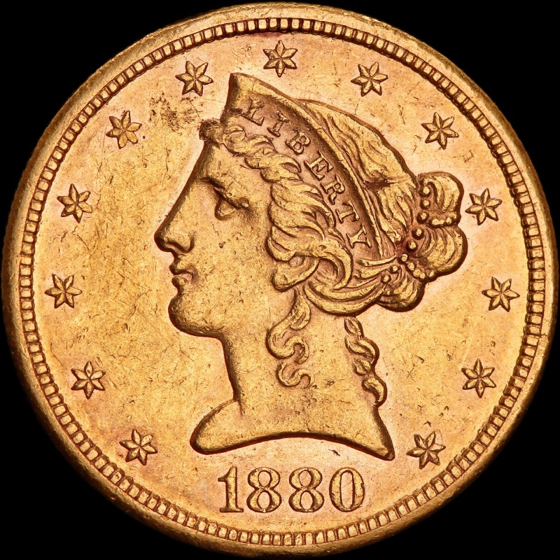 Золотая монета Американский Орел 5 долларов 1880 США "S"